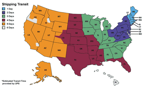 UPS map of the country showing expected shipping time frames based off location in the country